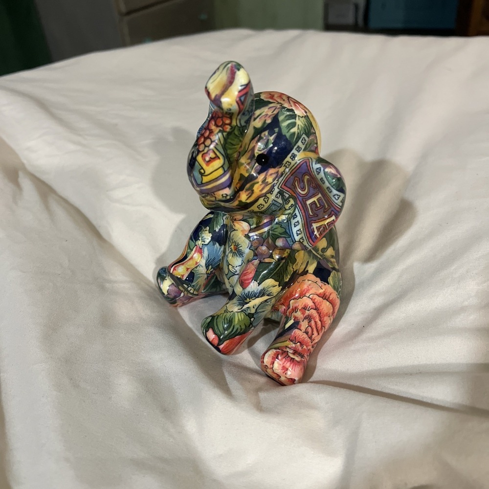 Decoupage Multi-Colored Fruit & Floral Elephant Patchwork Figurine 7" x 4.5"